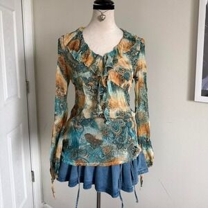 Y2K vintage Beautiful boho paisley print yellow teal fairy top ruffles detail